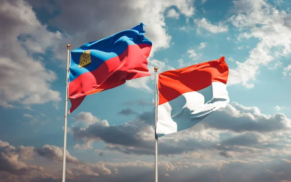 Hermosas Banderas Estatales Nacionales Liechtenstein Indonesia Juntas Fondo Del Cielo — Foto de Stock