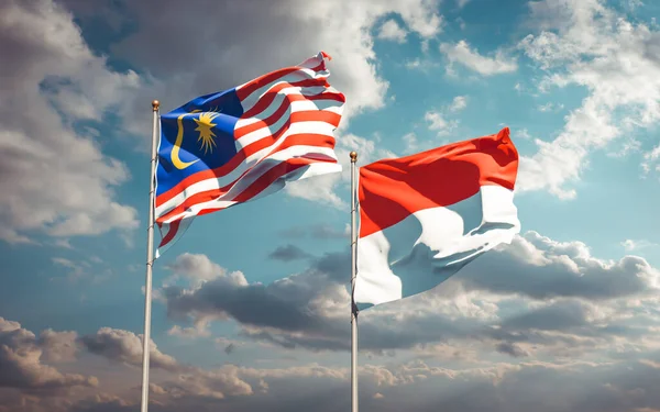 Prachtige Nationale Vlaggen Van Maleisië Indonesië Samen Achtergrond Kunstwerkconcept — Stockfoto