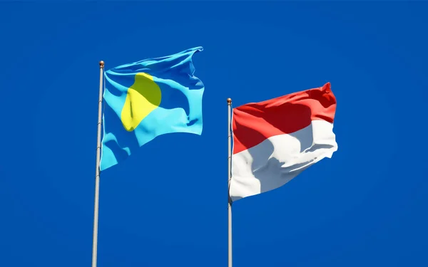 Piękne Flagi Państwowe Palau Indonezji Razem Tle Nieba Koncepcja Grafiki — Zdjęcie stockowe