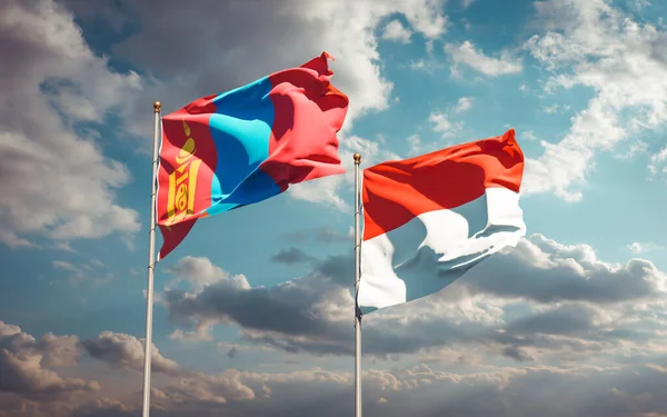 Hermosas Banderas Estatales Nacionales Mongolia Indonesia Juntas Fondo Del Cielo — Foto de Stock