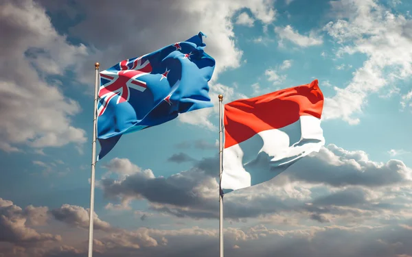 Hermosas Banderas Estatales Nacionales Nueva Zelanda Indonesia Juntas Fondo Del — Foto de Stock