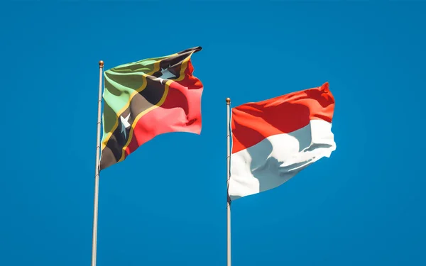 美丽的圣基茨和尼维斯和印度尼西亚国旗在天空的背景下齐聚一堂 3D艺术品概念 — 图库照片