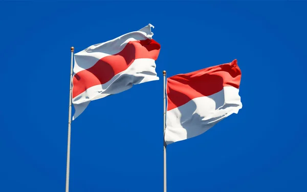 Krásné Národní Vlajky Nového Běloruska Indonésie Společně Pozadí Oblohy Koncept — Stock fotografie