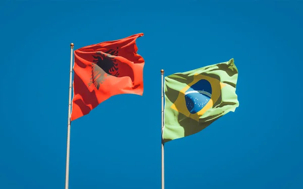 Piękne Flagi Narodowe Brazylii Albanii Razem Tle Nieba Koncepcja Grafiki — Zdjęcie stockowe