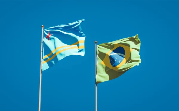 Hermosas Banderas Estatales Nacionales Brasil Aruba Juntas Fondo Del Cielo —  Fotos de Stock