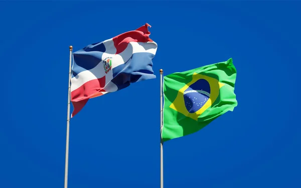 Prachtige Nationale Staatsvlaggen Van Brazilië Dominicaanse Republiek Samen Achtergrond Kunstwerkconcept — Stockfoto