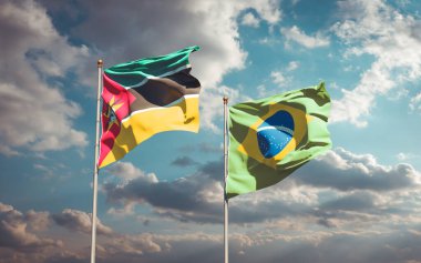 Mozambik ve Brezilya 'nın güzel ulusal bayrağı gökyüzü arka planında birlikte. 3B sanat eseri konsepti. 