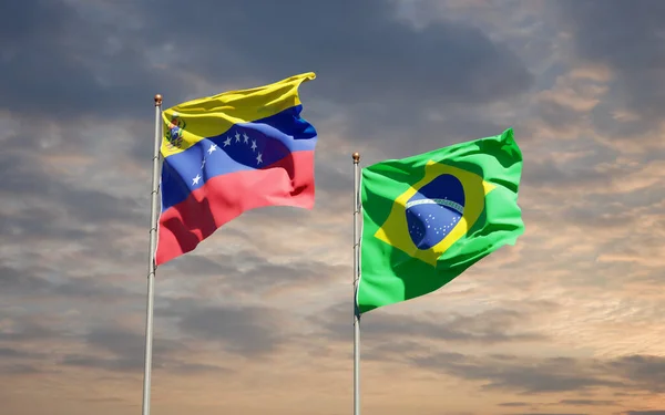 Lindas Bandeiras Nacionais Venezuela Brasil Juntas Fundo Céu Conceito Arte — Fotografia de Stock