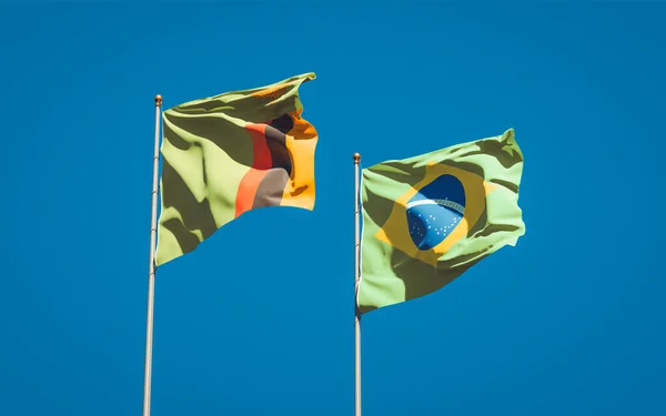 Beautiful National State Flags Zambia Brasil Together Sky Background Artwork — Stock Photo, Image