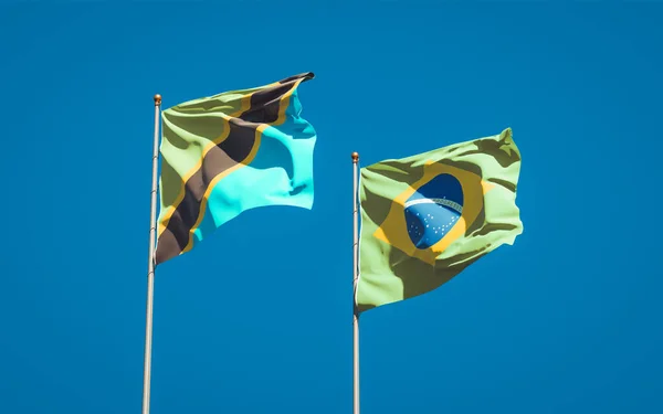 Красиві Національні Прапори Танзанії Бразіля Розташовані Разом Небосхилі Артхаус — стокове фото