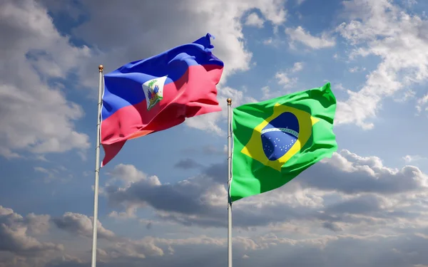 Hermosas Banderas Estatales Nacionales Haití Brasil Juntas Fondo Del Cielo —  Fotos de Stock