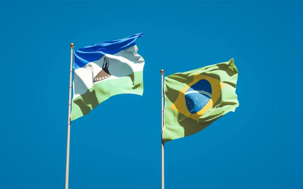 レソトとブラジルの美しい国旗が空を背景に一緒に描かれています 3Dアートワークコンセプト — ストック写真