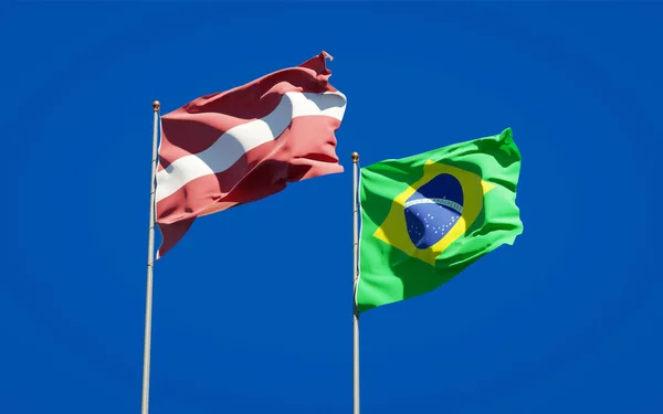 Hermosas Banderas Estatales Nacionales Letonia Brasil Juntas Fondo Del Cielo —  Fotos de Stock