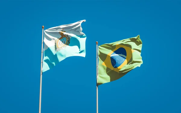 Hermosas Banderas Estatales Nacionales San Marino Brasil Juntos Fondo Del —  Fotos de Stock