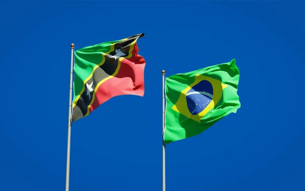 Красивые Национальные Государственные Флаги Сент Китса Невиса Бразилии Вместе Фоне — стоковое фото