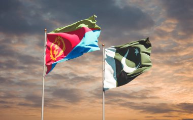 Pakistan ve Eritre 'nin güzel ulusal bayrağı gökyüzü arka planında birlikte. 3B sanat eseri konsepti. 