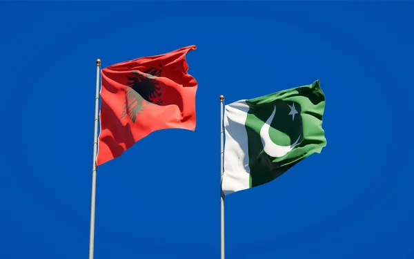 Piękne Narodowe Flagi Pakistanu Albanii Razem Tle Nieba Koncepcja Grafiki — Zdjęcie stockowe