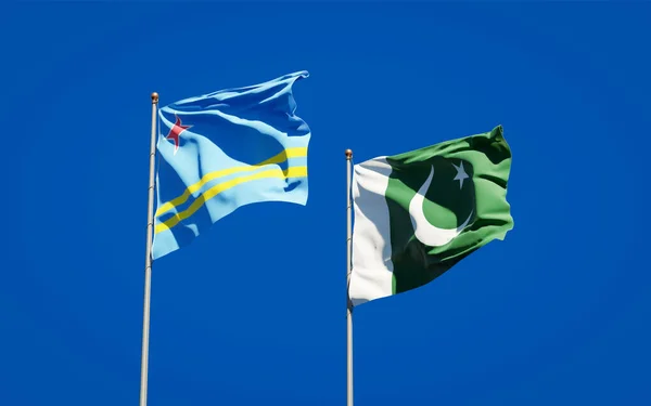 Krásné Národní Vlajky Pákistánu Aruby Společně Pozadí Oblohy Koncept Uměleckých — Stock fotografie