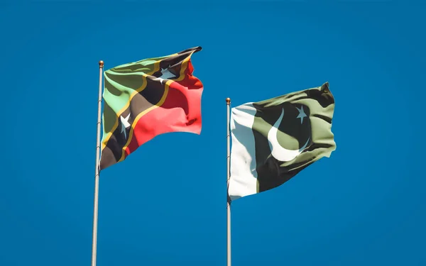 美丽的圣基茨和尼维斯和巴基斯坦国旗在天空的背景下齐聚一堂 3D艺术品概念 — 图库照片