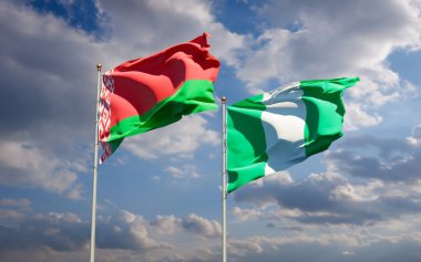 Nijerya ve Belarus 'un güzel ulusal bayrakları gökyüzü arka planında birlikte. 3B sanat eseri konsepti. 