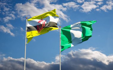 Gökyüzü arka planında Nijerya ve Brunei 'nin güzel ulusal bayrakları birlikte. 3B sanat eseri konsepti. 