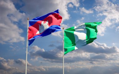 Gökyüzü arka planında, Nijerya ve Kamboçya 'nın güzel ulusal bayrakları birlikte. 3B sanat eseri konsepti. 