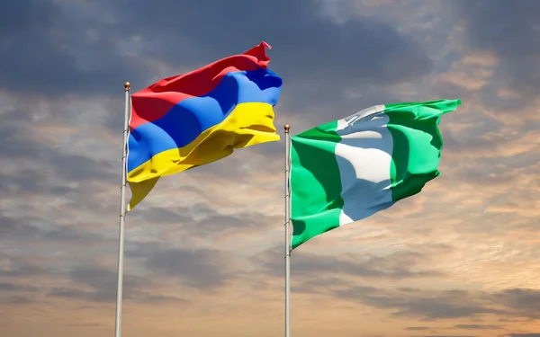 Gökyüzü Arka Planında Nijerya Ermenistan Güzel Ulusal Bayrakları Birlikte Sanat — Stok fotoğraf