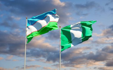 Özbekistan ve Nijerya 'nın güzel ulusal bayrakları gökyüzü arka planında birlikte. 3B sanat eseri konsepti. 