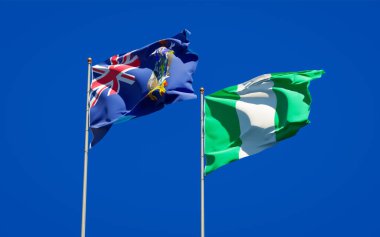 Güney Georgia, Güney Sandviç Adaları ve Nijerya 'nın güzel ulusal bayrakları gökyüzü arka planında birlikte. 3B sanat eseri konsepti. 