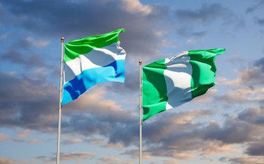 Gökyüzü arka planında Sierra Leone ve Nijerya 'nın güzel ulusal bayrakları birlikte. 3B sanat eseri konsepti. 
