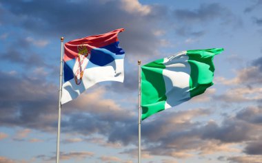 Sırbistan ve Nijerya 'nın güzel ulusal bayrakları gökyüzü arka planında birlikte. 3B sanat eseri konsepti. 