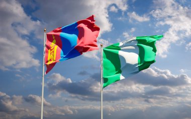 Gökyüzü arka planında Moğolistan ve Nijerya 'nın güzel ulusal bayrakları birlikte. 3B sanat eseri konsepti. 