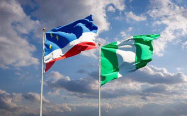 Gökyüzü arka planında Gagauzia ve Nijerya 'nın güzel ulusal bayrakları birlikte. 3B sanat eseri konsepti. 