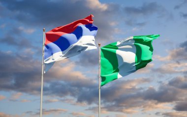 Gökyüzünde Sırp Cumhuriyeti ve Nijerya 'nın güzel ulusal bayrakları birlikte görülüyor. 3B sanat eseri konsepti. 