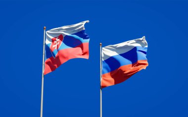 Slovakya ve Rusya 'nın güzel ulusal bayrağı gökyüzü arka planında birlikte. 3B sanat eseri konsepti. 