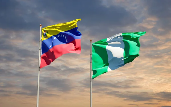 Hermosas Banderas Estatales Nacionales Venezuela Nigeria Juntas Fondo Del Cielo — Foto de Stock