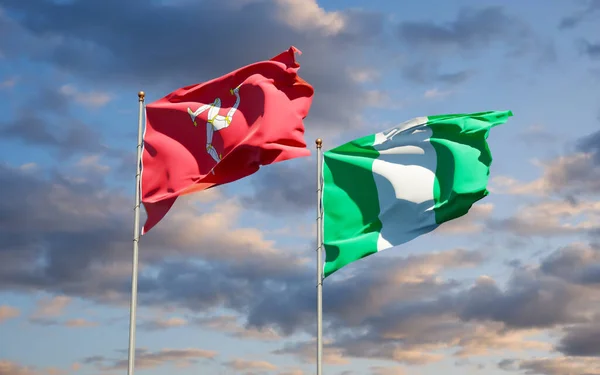 Hermosas Banderas Estatales Nacionales Isla Mann Nigeria Juntas Fondo Del —  Fotos de Stock