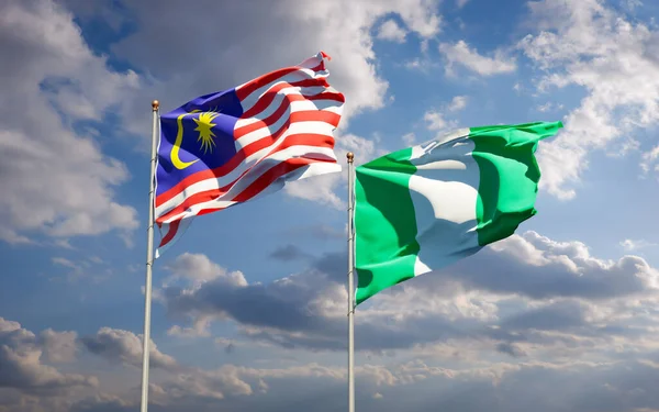 Prachtige Nationale Vlaggen Van Maleisië Nigeria Samen Achtergrond Kunstwerkconcept — Stockfoto