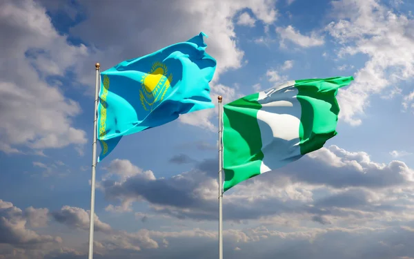 Kazahsztán Nigéria Gyönyörű Nemzeti Zászlói Együtt Hátterében Művészeti Koncepció — Stock Fotó