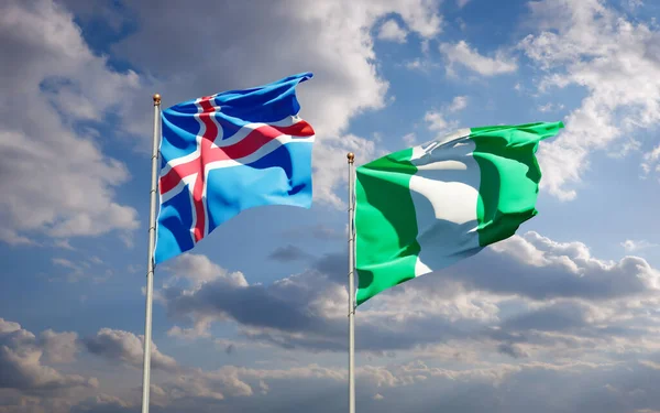 Hermosas Banderas Estatales Nacionales Islandia Nigeria Juntas Fondo Del Cielo —  Fotos de Stock