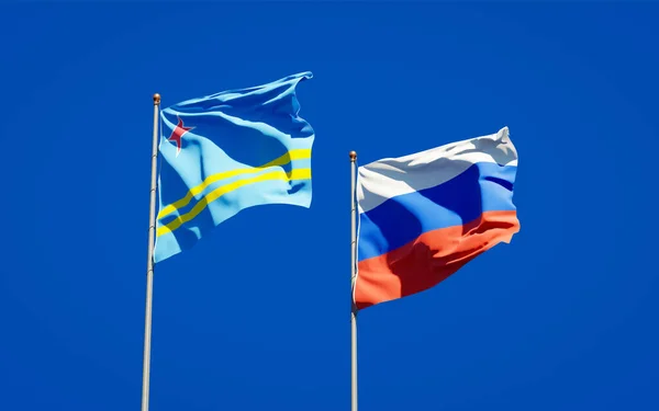 Prachtige Nationale Staatsvlaggen Van Rusland Aruba Samen Achtergrond Kunstwerkconcept — Stockfoto