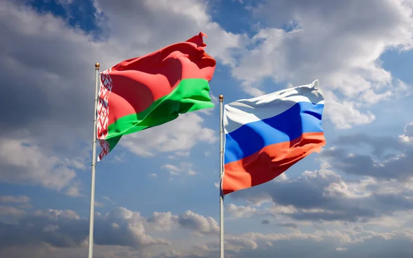 Rusya ve Belarus 'un güzel ulusal bayrağı gökyüzü arka planında birlikte. 3B sanat eseri konsepti. 