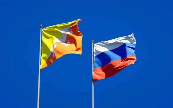 Prachtige Nationale Staatsvlaggen Van Rusland Bhutan Samen Achtergrond Kunstwerkconcept — Stockfoto