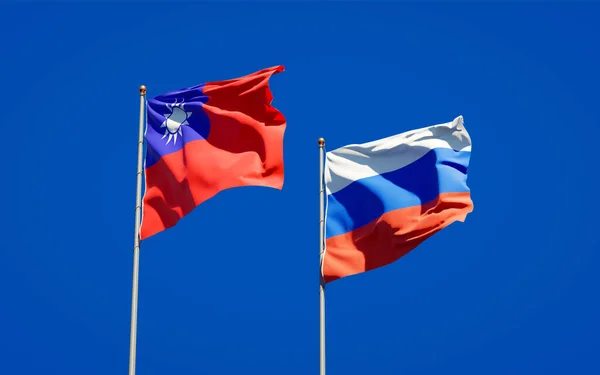 Hermosas Banderas Estatales Nacionales Rusia Taiwán Juntas Fondo Del Cielo —  Fotos de Stock