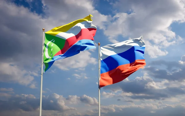 Прекрасні Державні Прапори Росії Коморських Островів Разом Тлі Неба Артхаус — стокове фото