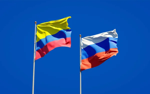 Vackra Nationella Flaggor Ryssland Och Colombia Tillsammans Himlen Bakgrund Konstverkskoncept — Stockfoto