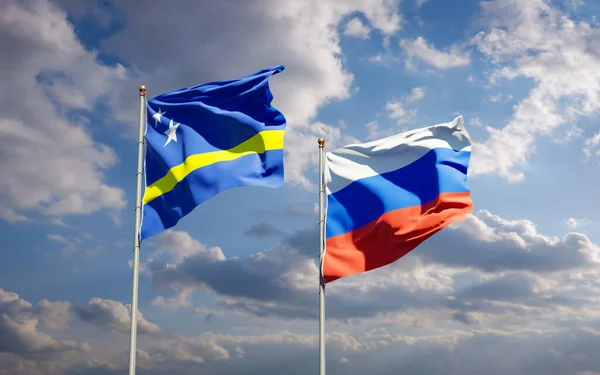 Hermosas Banderas Estatales Nacionales Rusia Curazao Juntas Fondo Del Cielo —  Fotos de Stock
