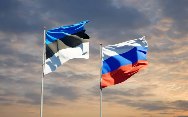 Hermosas Banderas Estatales Nacionales Rusia Estonia Juntas Fondo Del Cielo —  Fotos de Stock
