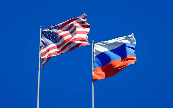 Beautiful National State Flags Russia Usa Together Sky Background Artwork — Stock Photo, Image