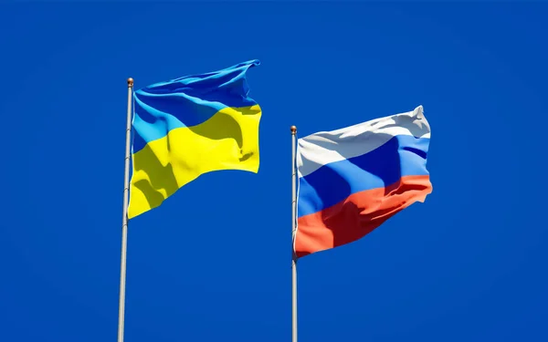 Beautiful National State Flags Ukraine Russia Together Sky Background Artwork — Stock Photo, Image